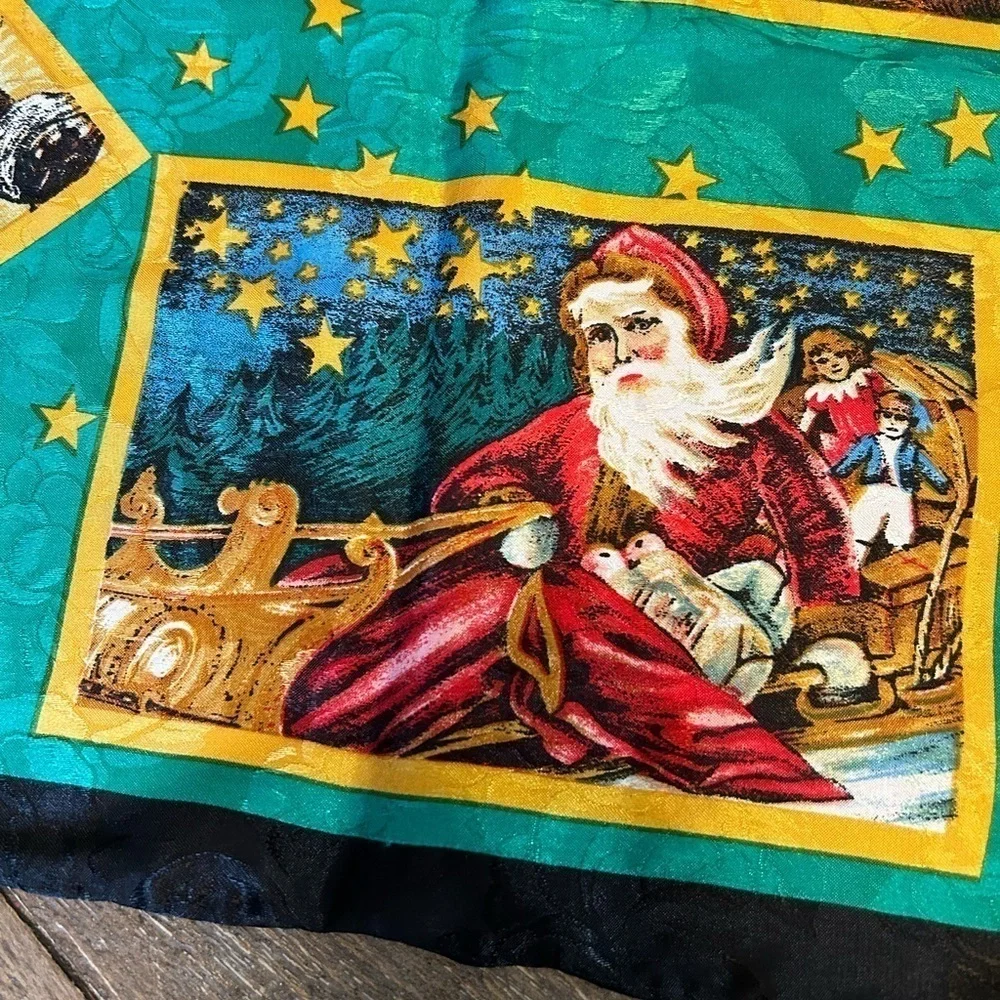 Vintage Old World Santa Christmas Scarf Holidays Bold Colors EUC